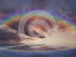 Spiritual background for meditation with clouds sky, rainbow and butterflies