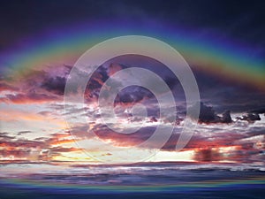 Spiritual background for meditation with clouds sky, rainbow and butterflies