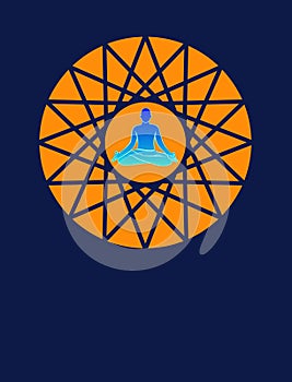 Spiritual background for meditation with dharma wheel, life flower and yin yang symbol isolated in color background