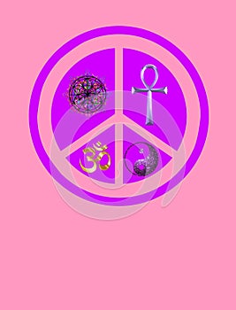 Spiritual background for meditation with dharma wheel, life flower and yin yang symbol isolated in color background