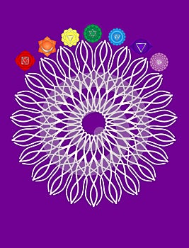 Spiritual background for meditation with guilloche mandala and chakras