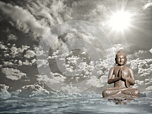Spiritual background for meditation with human silhouette with rainbow in sea reflection