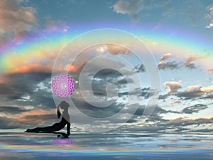 Spiritual background for meditation with human silhouette with rainbow in sea reflection