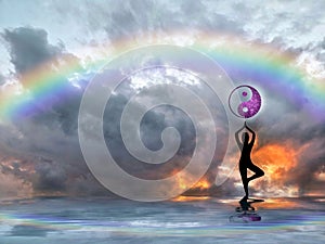 Spiritual background for meditation with human silhouette with rainbow in sea reflection