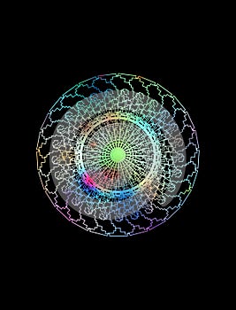 Spiritual background for meditation with sacred symbols and mandala with rainbow colors isolated in color background