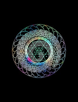 Spiritual background for meditation with sacred symbols and mandala with rainbow colors isolated in color background