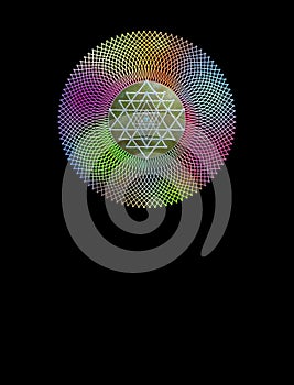 Spiritual background for meditation with sacred symbols and mandala with rainbow colors isolated in color background