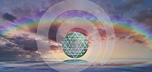 Spiritual background for meditation with sri yantra in clouds sky background with rainbow