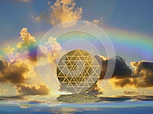 Spiritual background for meditation with sri yantra in clouds sky background with rainbow