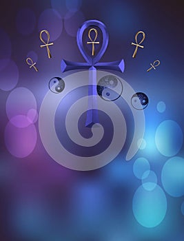 Spiritual background for meditation with yin yang and ankh symbol in color background