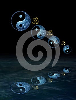 Spiritual background for meditation with yin yang and om symbol isolated in color background