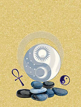 Spiritual background for meditation with yin yang symbol isolated in color background