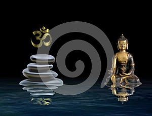 Spiritual background for meditation with yin yang symbol, zen stone and buddha statue
