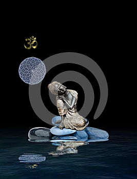 Spiritual background for meditation with yin yang symbol, zen stone and buddha statue