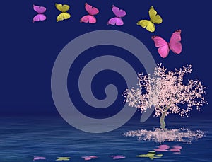 Spiritual background with trees and butterflies isolated in color background