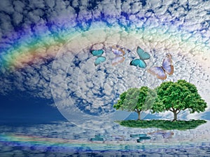 Spiritual background with trees and butterflies isolated in color background