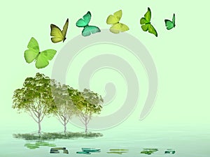 Spiritual background with trees and butterflies isolated in color background