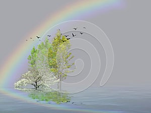 Spiritual background with trees and butterflies isolated in color background