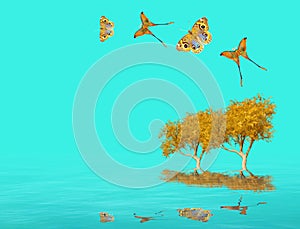 Spiritual background with trees and butterflies isolated in color background