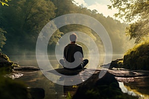 Spiritual concept and mental relaxation. Man practicing yoga in a natural environment