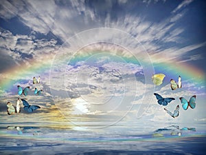 Spiritual and ecologic background with butterflies and rainbow