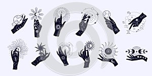 Spiritual esoteric magic logo or talisman with woman hands in silhouette style with stars, sacred geometry moon and sun