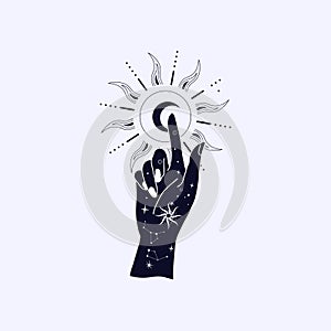 Spiritual esoteric magic logo or talisman with woman hands in silhouette style with stars, sacred geometry moon and sun