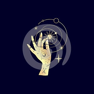 Spiritual esoteric magic logo or talisman with woman hands in silhouette style with stars, sacred geometry moon and sun