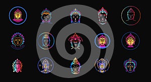 Spiritual face logo design, colorful deity silhouette. Budha and Shiva head icons set for yoga and relaxation, faith and