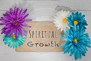 Spiritual growth on wooden board with bright spring colored flowers flat lay