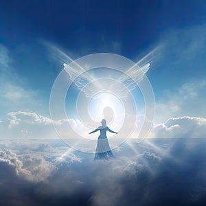 Spiritual guidance Angel of light and love avatar being miracle on sky angelic wings