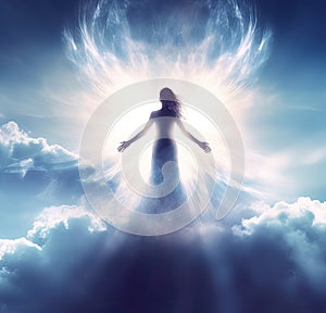 Spiritual guidance Angel of light and love avatar being miracle on sky angelic wings