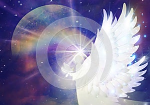 Spiritual guidance, Blue Moon Angel of light and love doing a miracle on sky, rainbow angelic wings, white dove with olive branch