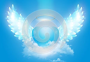 Spiritual guidance, divine energy, Angel of light and love doing a miracle on sky, blue angelic wings