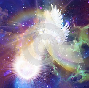 Spiritual guidance, energy heal, Angel of light and love doing a miracle on cosmic sky, rainbow angelic wings, divine intervention