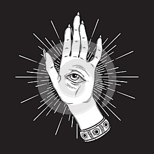 Spiritual hand with the allseeing eye on the palm. Occult design isolated vector illustration