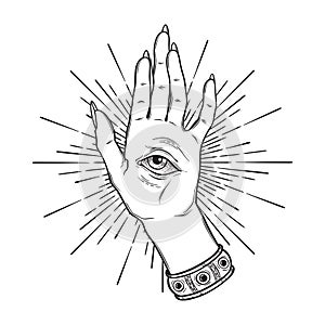 Spiritual hand with the allseeing eye on the palm. Occult design isolated vector illustration