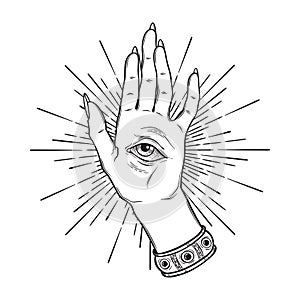 Spiritual hand with the allseeing eye on the palm. Occult design isolated vector illustration photo