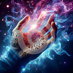 Spiritual hand arcane symbols smoke cosmic energy