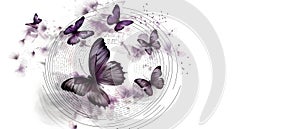 Spiritual Harmony: Purple Butterflies & Word Whorls. Concept Peaceful Meditation, Mindful