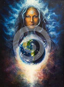 spiritual Illustration, Beautiful oil painting on canvas of a woman goddess in space, eye contact