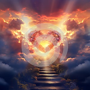 Spiritual journey Stairway in the sky with a heart shaped sunset