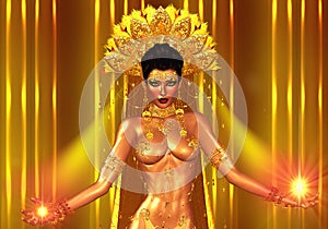 Spiritual light comes from this magical Asian woman's hands. Gold jewels adorn her body and a feather head dress.