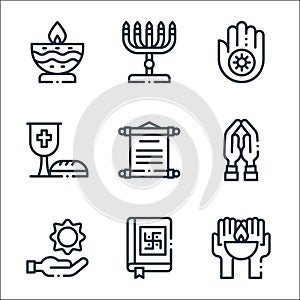 spiritual line icons. linear set. quality vector line set such as candle, vedas, sun, praying, scroll, wine, jainism, menorah photo