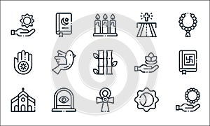 Spiritual line icons. linear set. quality vector line set such as rosary, ankh, church, eclipse, window, jainism, lotus, road,