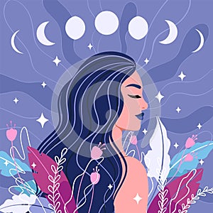 Spiritual magician girl, background with phases of the moon. Moon cycle and floral woman, dream, thought and meditation