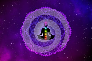 Spiritual meditation man and mandala in galaxy