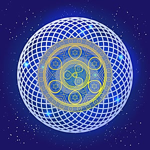 Spiritual mystic sacral mandala in the deep blue space with stars.