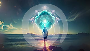 Spiritual person with aura Healing energy standing near the ocean