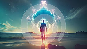 Spiritual person with aura Healing energy standing near the ocean